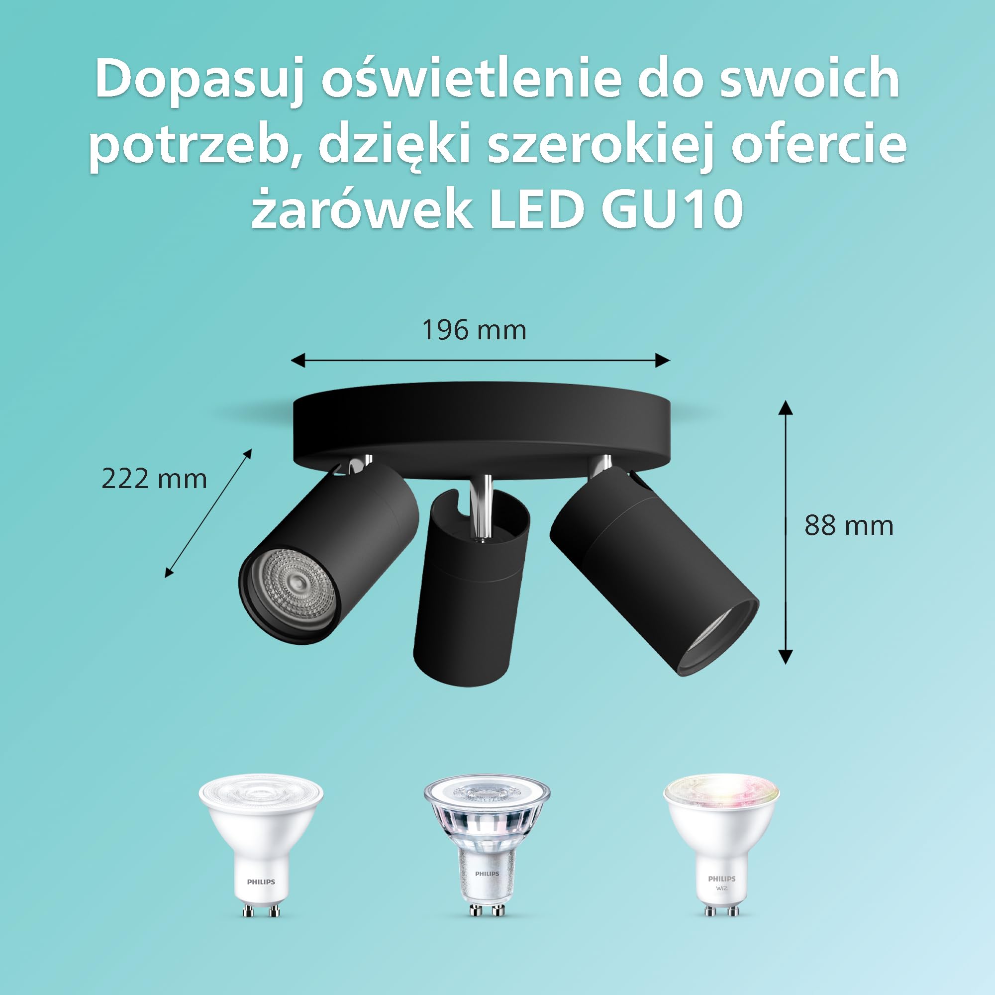 Philips LED Potrójny reflektor punktowy Idris na okrągłej podstawie, czarny, IP44, wodoodporny, żarówki GU10 nie wchodzą w skład zestawu