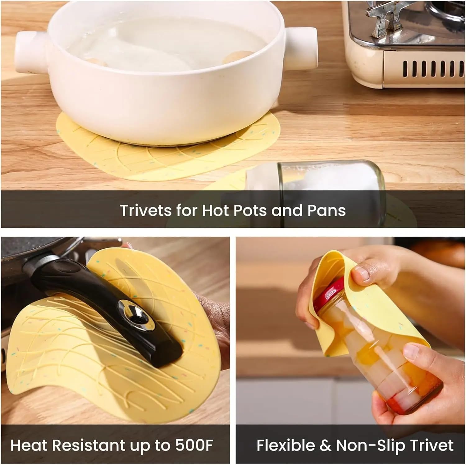 4-Piece Color Silicone Oven Mitts & Pot Holders, Heat to 500F, Non-Slip Kitchen Gloves