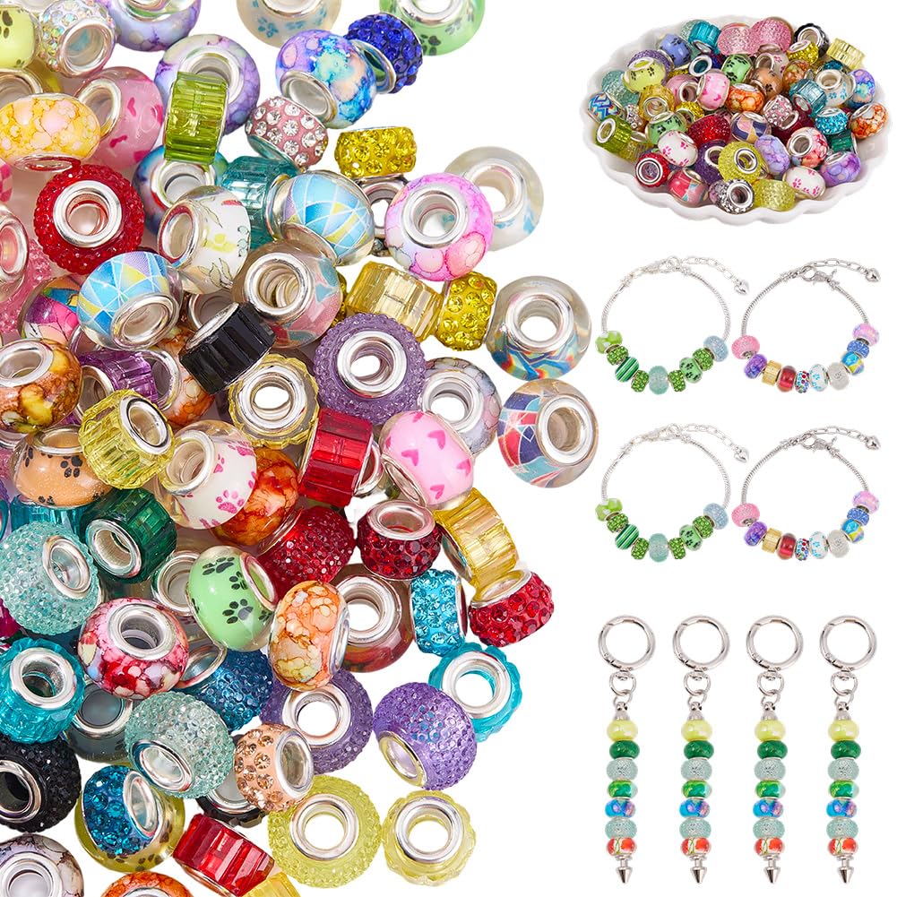 SUNNYCLUE 120Pcs European Resin Beads Large Hole Rhinestone Beads Rondelle Crystal Fairy Wands Garden Lampwork Loose Spacer for Jewellery Making Bracelets Necklaces Earring Snake Chain DIY Pens Charms