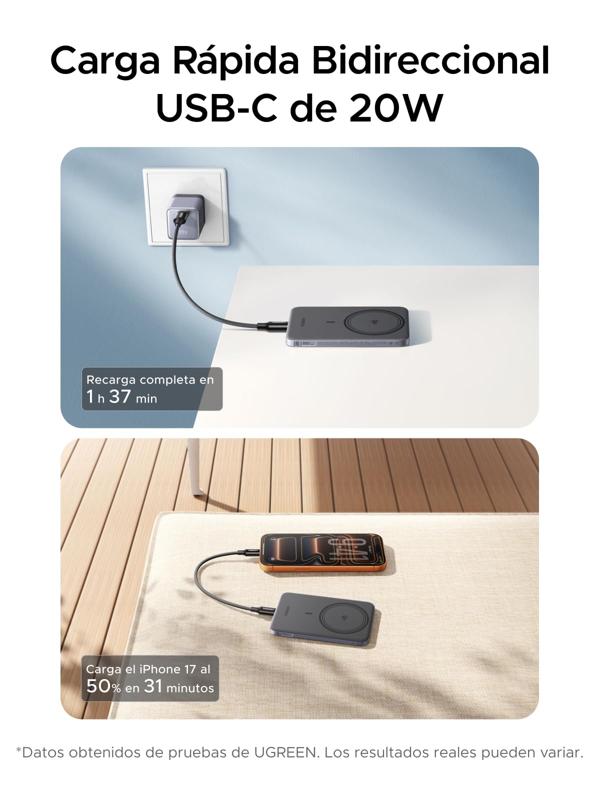 UGREEN MagFlow Air Qi2 15W Ultradelgado Power Bank Magsafe 5000mAh (Gris) | Batería Externa Inalámbrico Magnético Carga Rápida USB C PD 20W Compatible con iPhone 17 16 15 14 13 12 Air Plus Pro Max