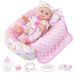 12 Inch Baby Doll Crib Playset with Dolls Clothes and Accessories Including Soft Sleep Bassinet Bed, Bottles, Nipple, Eye Mask, Slippers, Blanket, Pillow, Gift Idea for Ages 3+
