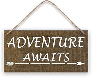 SOTODO Personalized Hanging Wooden Sign, Adventure Awaits Wooden Signs with Lanyard, Wooden Sign Hanging for Rustic Home Decor, 10 x 5 inches