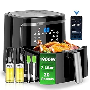 Aigostar Cube Smart, Freidora de aire inteligente sin aceite, Conexión Wifi, 1900W, 7L, Modo manual, Pantalla LED táctil, 7 funciones preestablecidas + mantener caliente, Con 2 dispensadores de vidrio