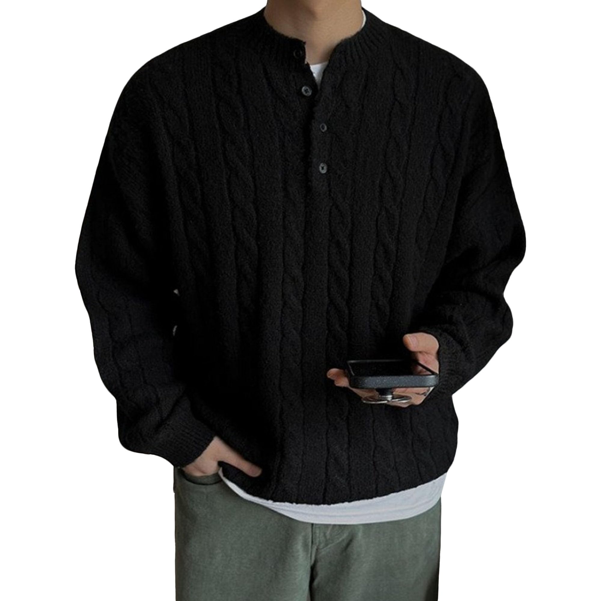 JEShifangjiusu Maglione da uomo con colletto alla coreana maglione lavorato a maglia con bottoni maglione termico oversize casual