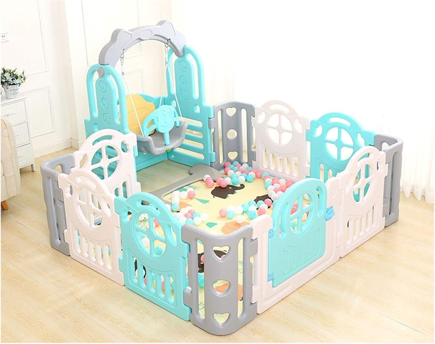OSHA HJWMM Parque Infantil Bebe, Centro de Actividades for Niños,Corralito Bebe Plegable for Niños de 0 a 6 Años, Bola Marina (Color : Blue White+Swing+Baffle, Size : 1.5x1.8m)