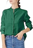 HOTEVE Women's 100% Cotton Mandarin Collar Button-Down Long Sleeve Blouse - Casual Breathable Summer Shirt