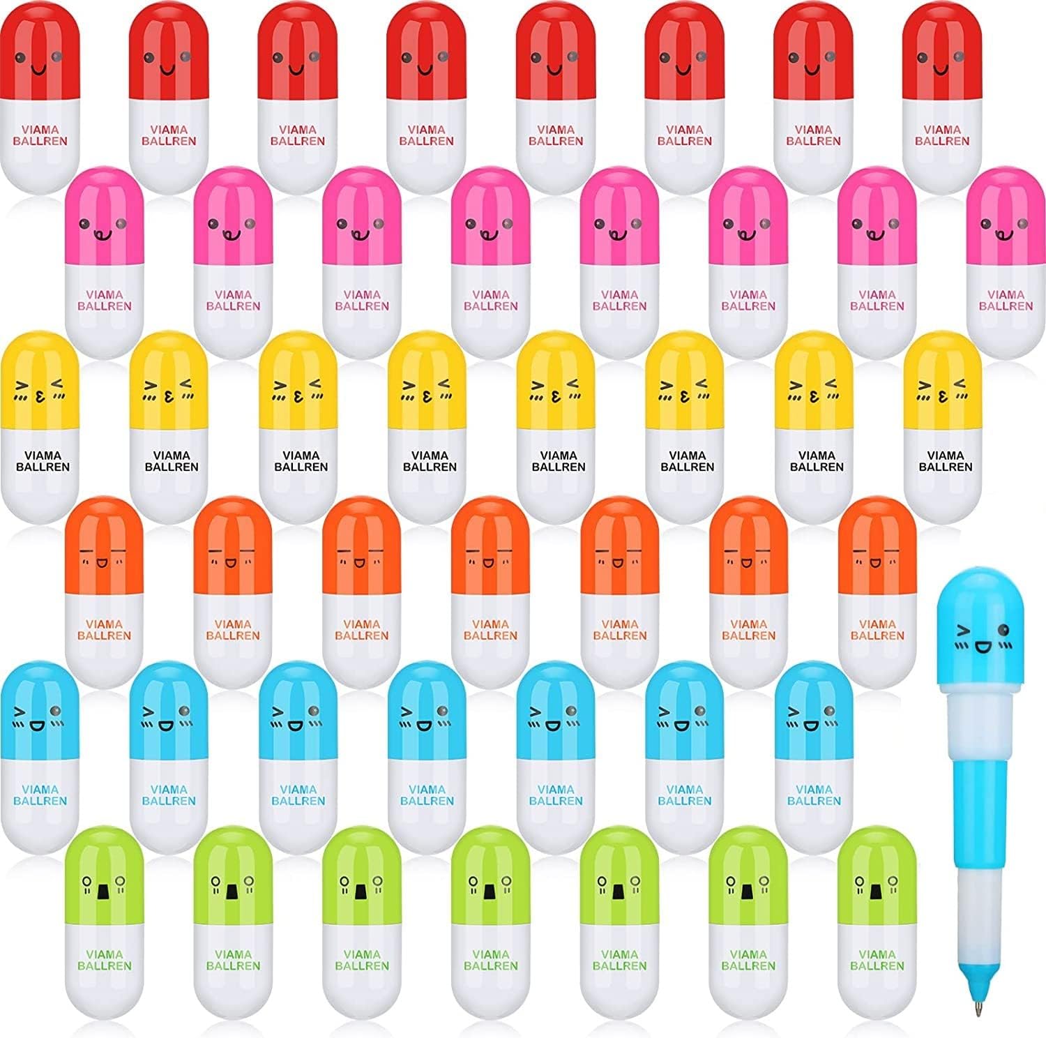 – 48Pcs Mini Retractable Ballpoint Pens, 6 Styles Smiling Face Pill Shaped Ballpoint Pen Cute Cartoon Favor Retractable Ball Pen for Kindergarten School Home Write