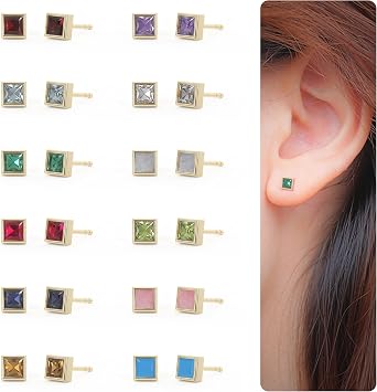Emerald Stud Earrings for Women, Square Stud Earrings - Hypoallergenic 18K Gold Stud Earrings, Genuine 925 Sterling Silver - May Birthstone Mothers Day Gifts (4.3mm Square)