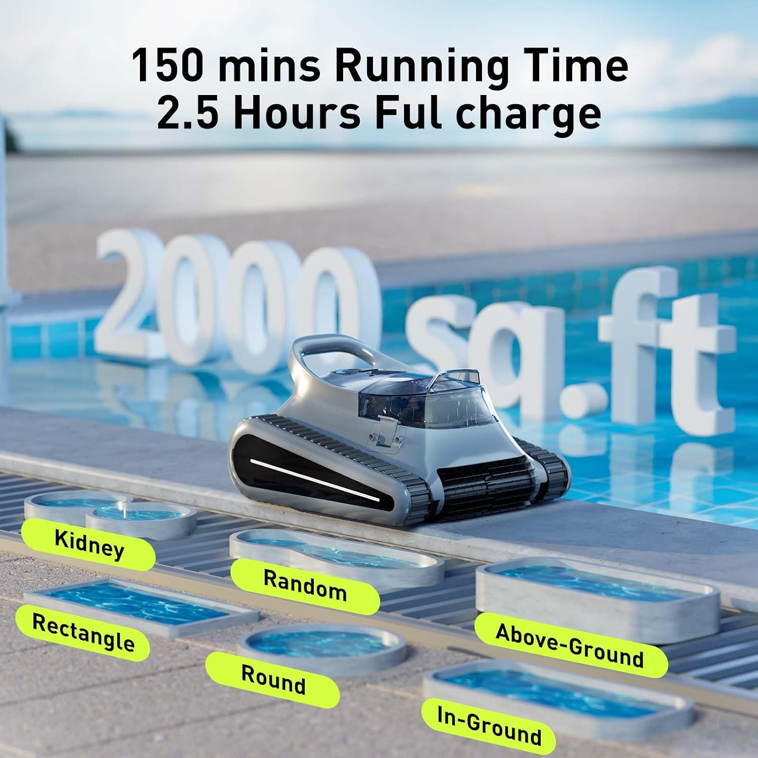 Robotic pool cleaner with 150 mins running time and 2000 sq ft cleaning area