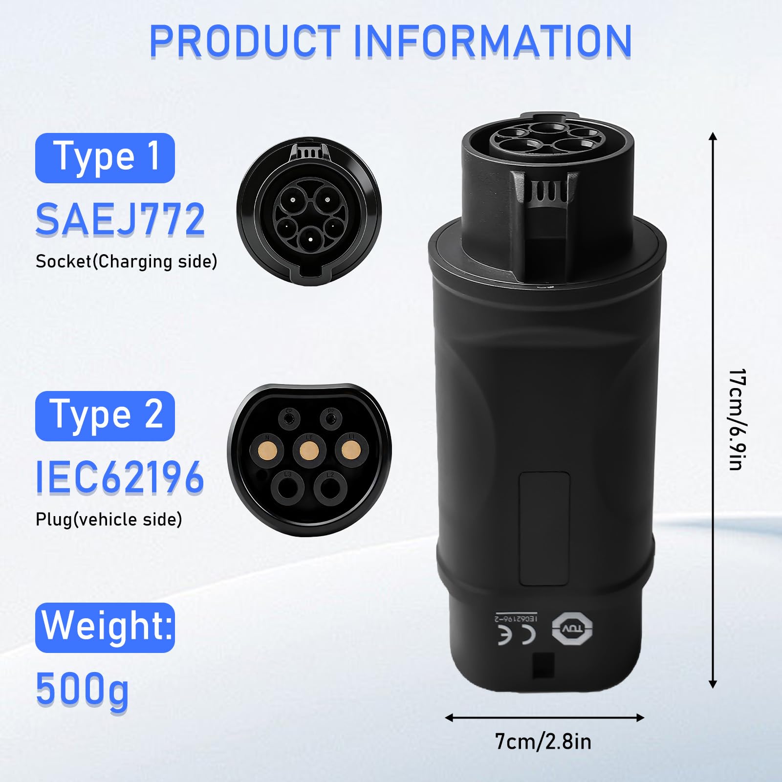 Leikurvo Adapter Typ 1 na Typ 2 EV, Adapter Typ1 (SAE J1772) wtyczka na Typ2 (IEC 62196) gniazdo 32A/16A EV Adapter ładujący Konwerter Adapter kabel ładujący Adapter gniazdo ładowania dla Typ2
