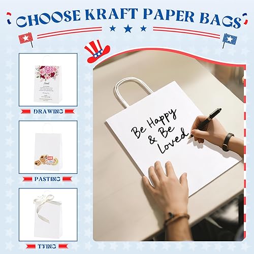 Miniatura 6 de MESHA Bolsas de papel blanco con asas de 10 x 5 x 13 pulgadas, paquete de 50 bolsas de regalo grandes de papel kraft con asas a granel para pequeñas