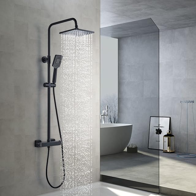 Solepearl Thermostatic Shower Mixer Set Matte Black, Square 38 °C Thermostat Shower System with Rainfall Shower Head, 3-Function Handheld Shower, Anti Scald Shower Mixer Bar Kit, Adjustable Height