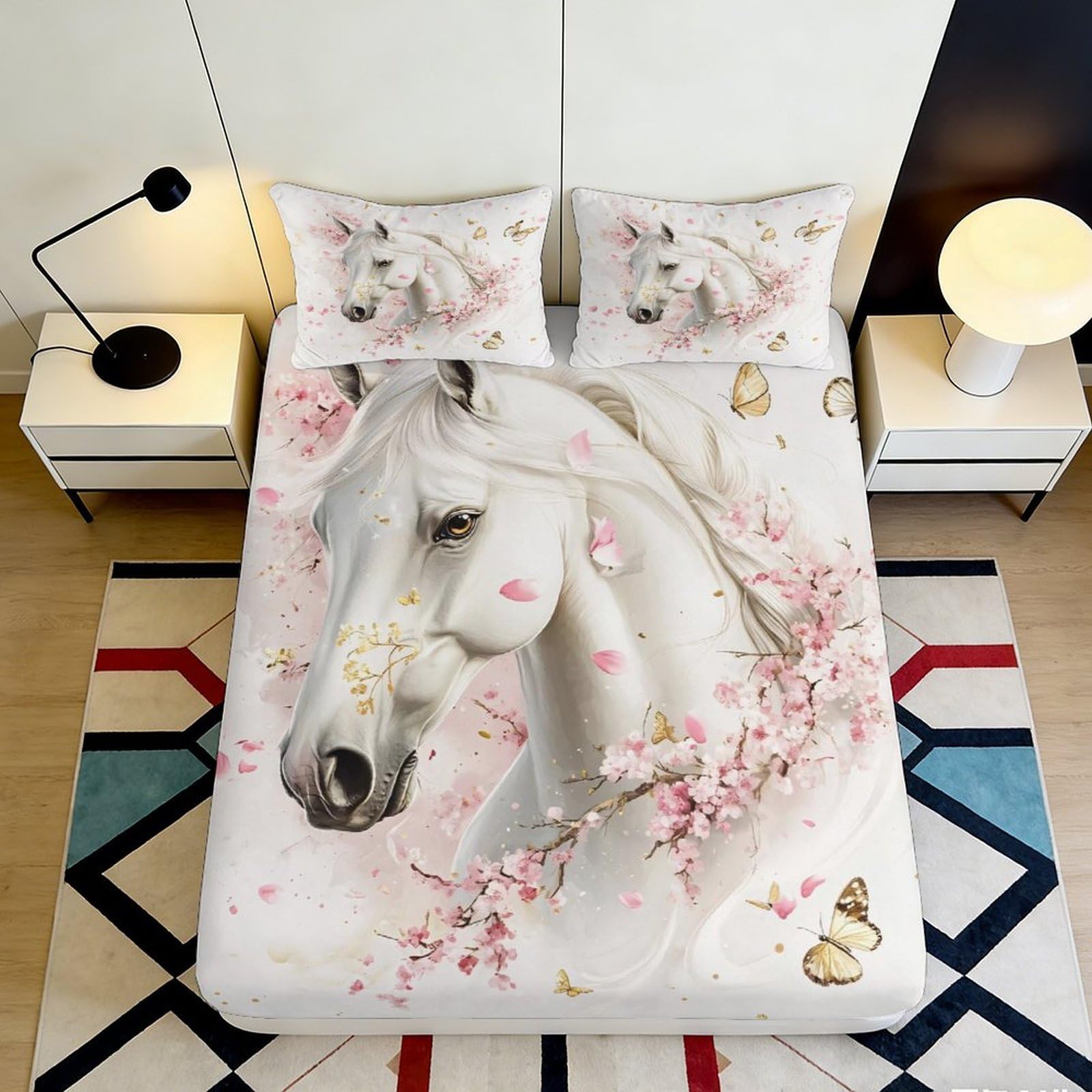 3D Printed White Horse Blossom Fitted Sheet Microfiber Soft Anti-Slip Butterfly Mattress Cover for Bedroom Guest Room Decor 90x200x25cm