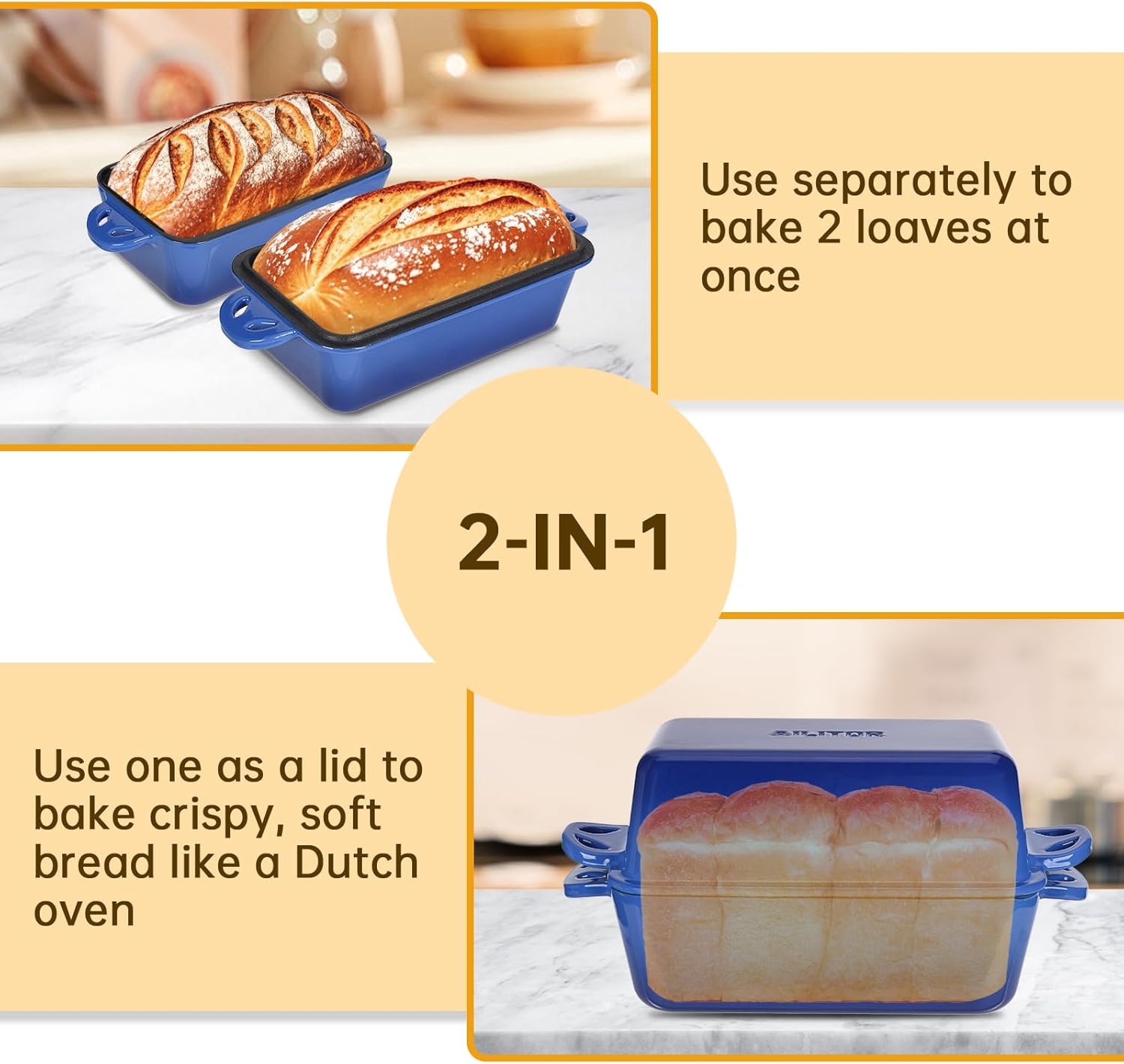 AILITOR 9x5 Enameled Cast Iron Loaf Pan with Lid - 2 in 1 Sourdough Bread Pan for Homemade Baking Blue