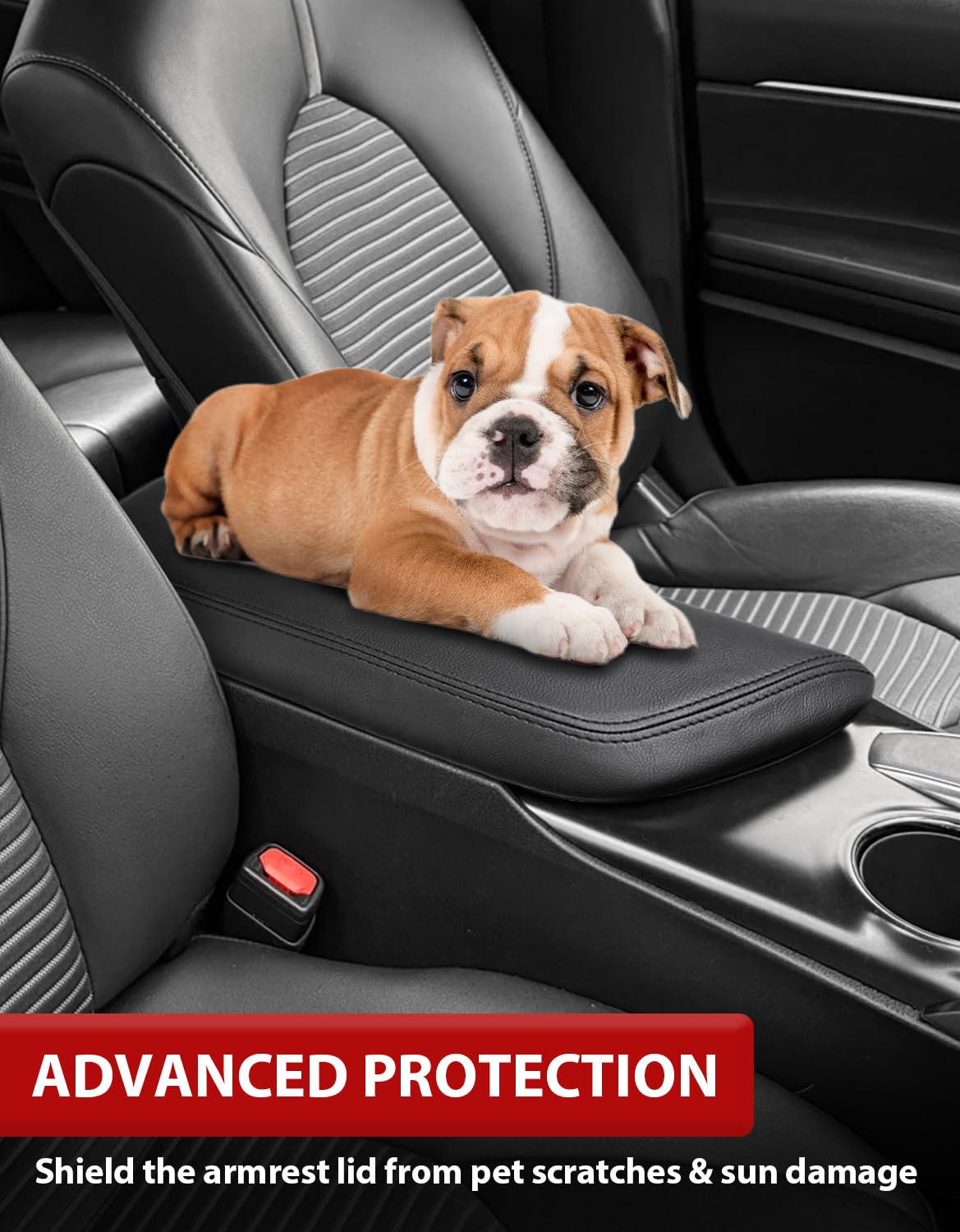 INTGET Center Console Armrest Cover For Toyota Camry 2018-2023 - PU Leather, Black Stitches