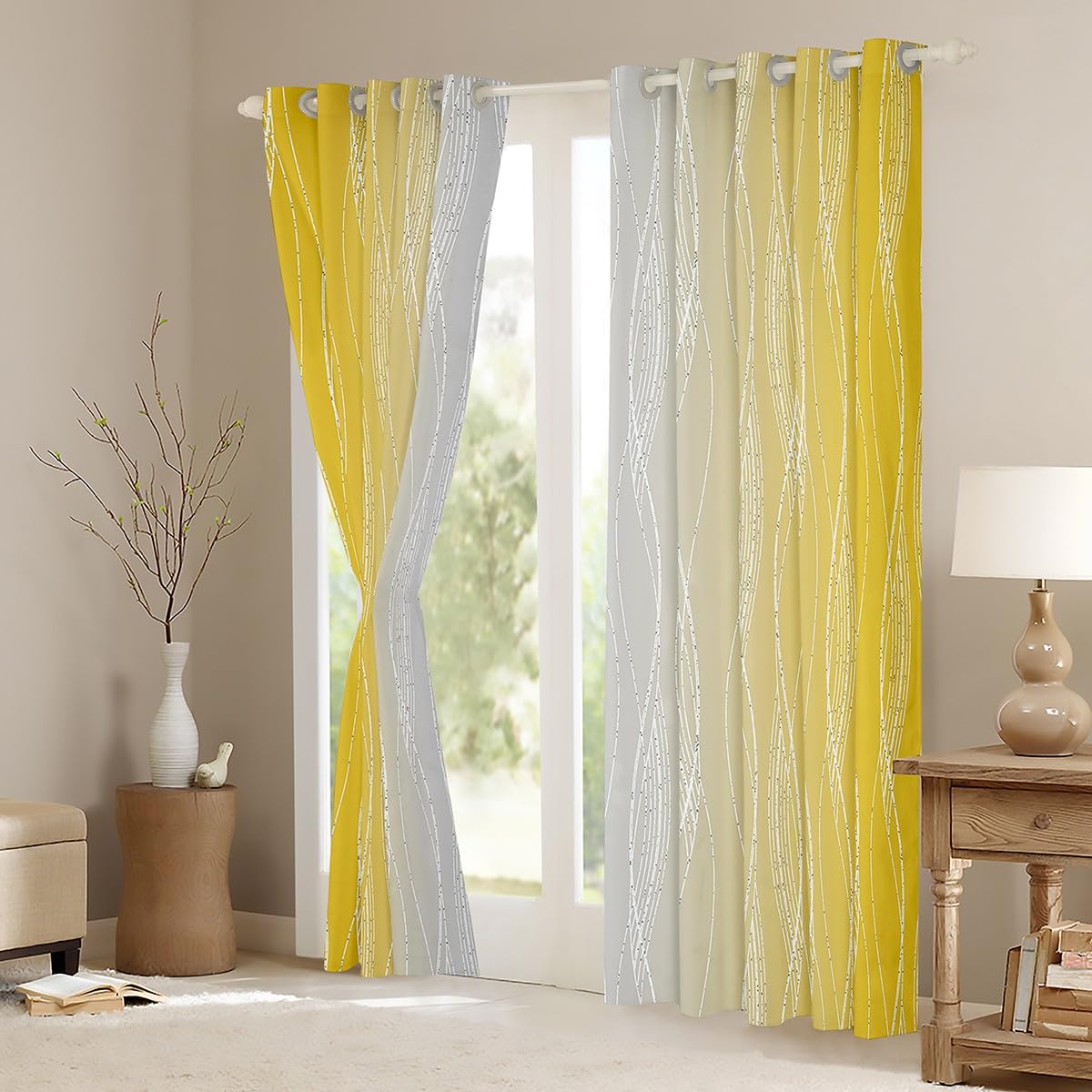 Homewish Yellow Greyish White Blackout Curtains Ombre Yellow And Gray Window Curtains 66" Wx90 L Abstract Gradient Geometric Curtains & Drapes Silver White Wavy Line Window Treatments 2 Panels - Image 4