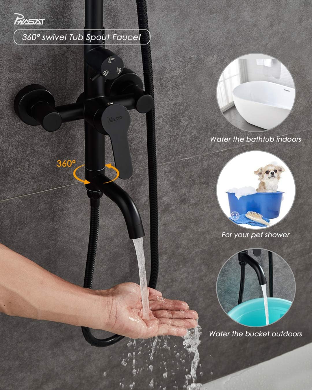 Outdoor Shower Fixtures,Lead-Free SUS304 Stainless Steel Bathroom Faucet Set with Rainfall Showerhead,Handheld Shower,Wall Mount Adjustable Shower Bar,3 Function,Matte Black,CT8323-L,PHASAT