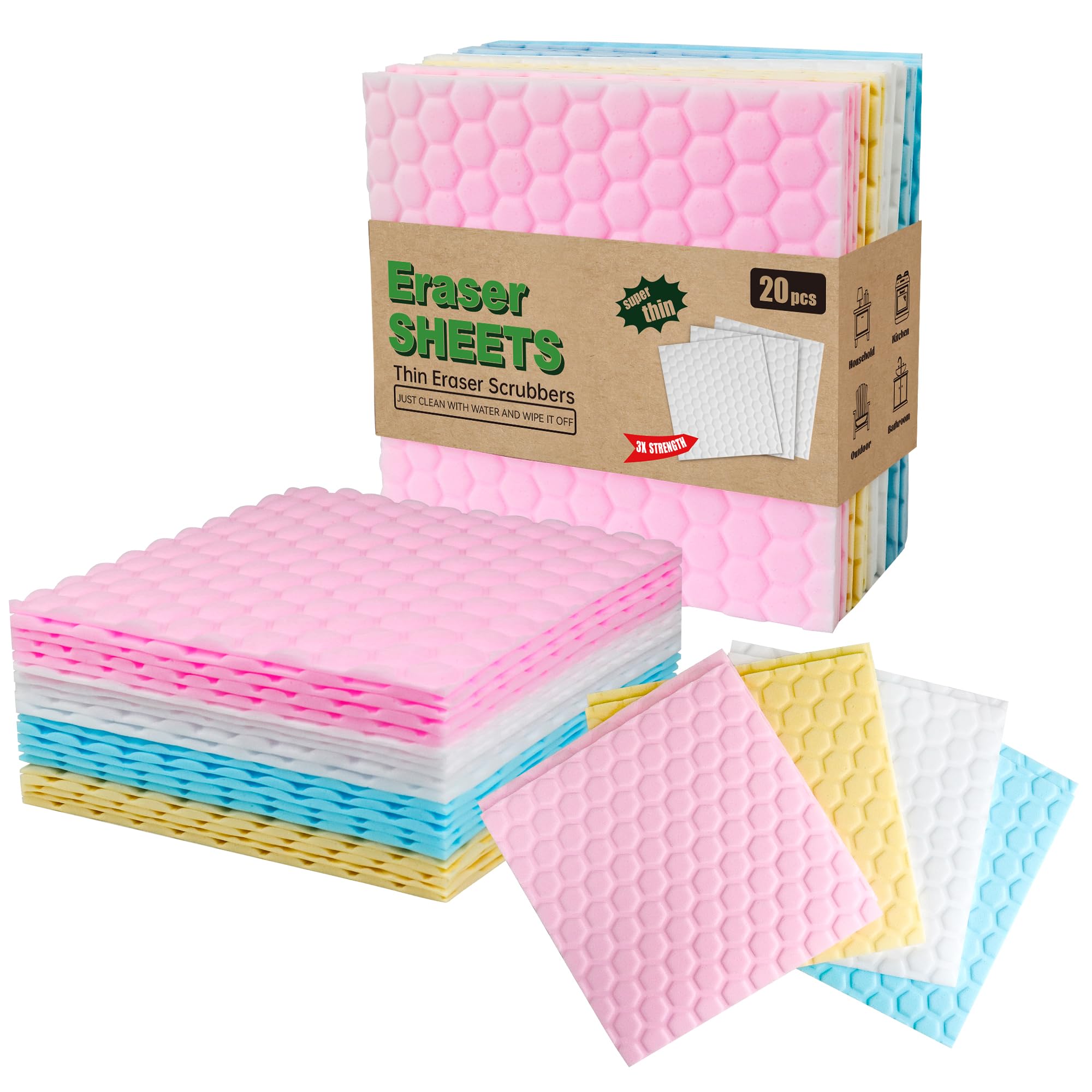 20-Count Mix Color Magic Cleaning Sponge Sheets - Convex Point Design, Heavy Duty Melamine Eraser, Multi-Surface Cleaner for Stains in Kitchens, Cars, Shoes?Pink, Blue, White, Yellow?
