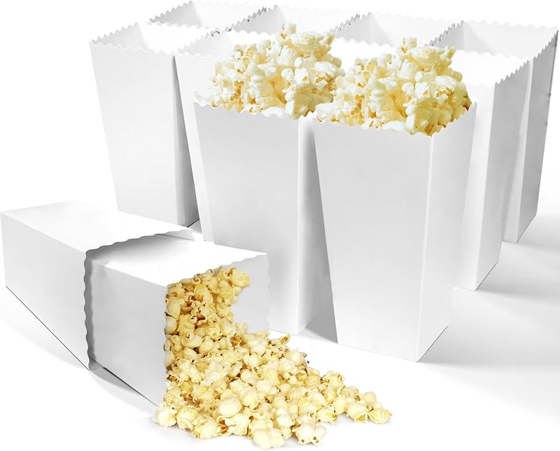 Novelty Place 12 Pcs White Popcorn Boxes, 46 oz White Cardboard Popcorn Container for Movie Night Party - 7.8" Tall x 3.9" Square