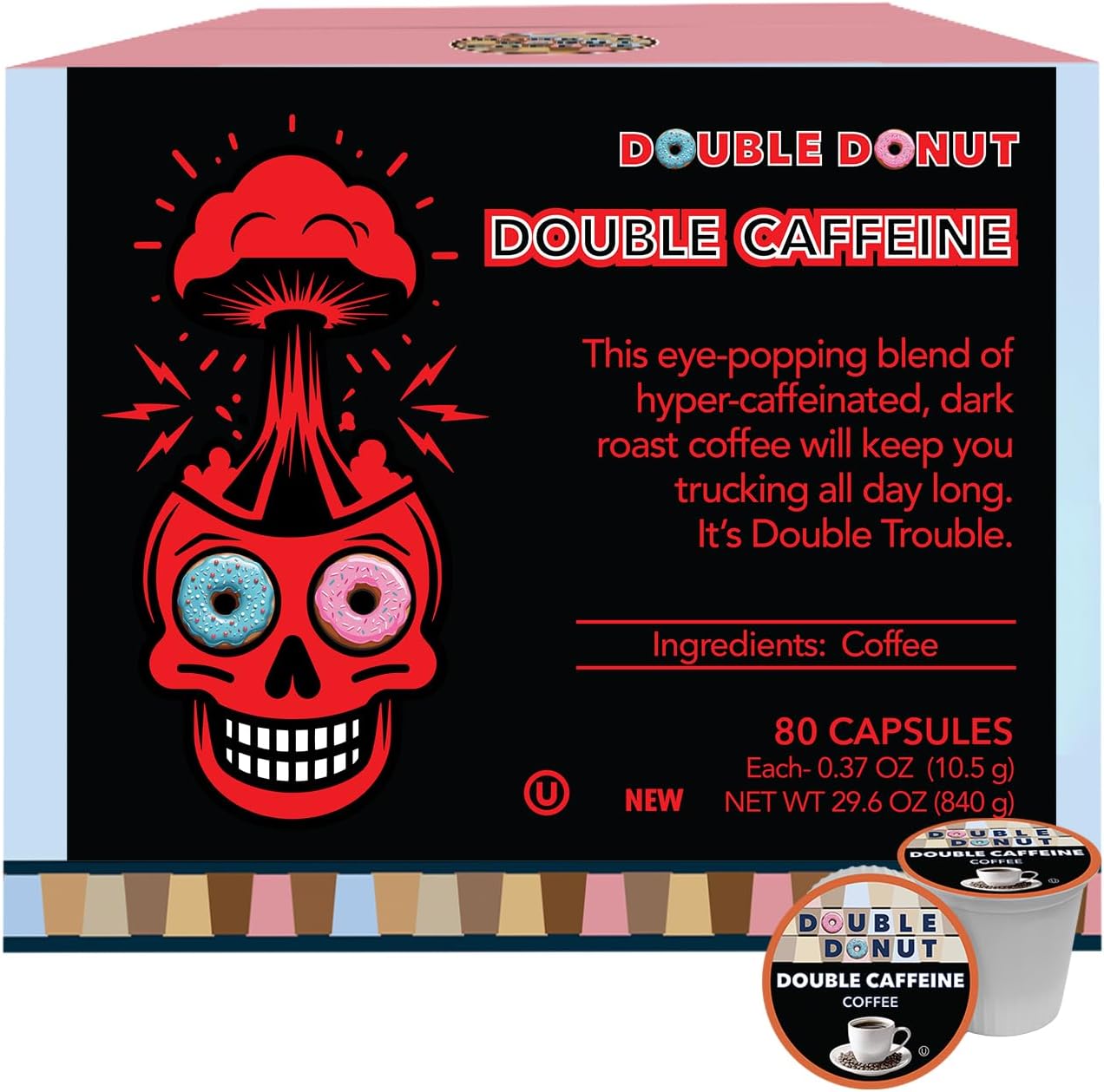 Double Donut Coffee High Caffeine Coffee Pods, Extra Strong Double Caffeine Coffee Cups for Keurig K Cup Brewer Machines Single Serve Dark Roast Coffee, 80 Count