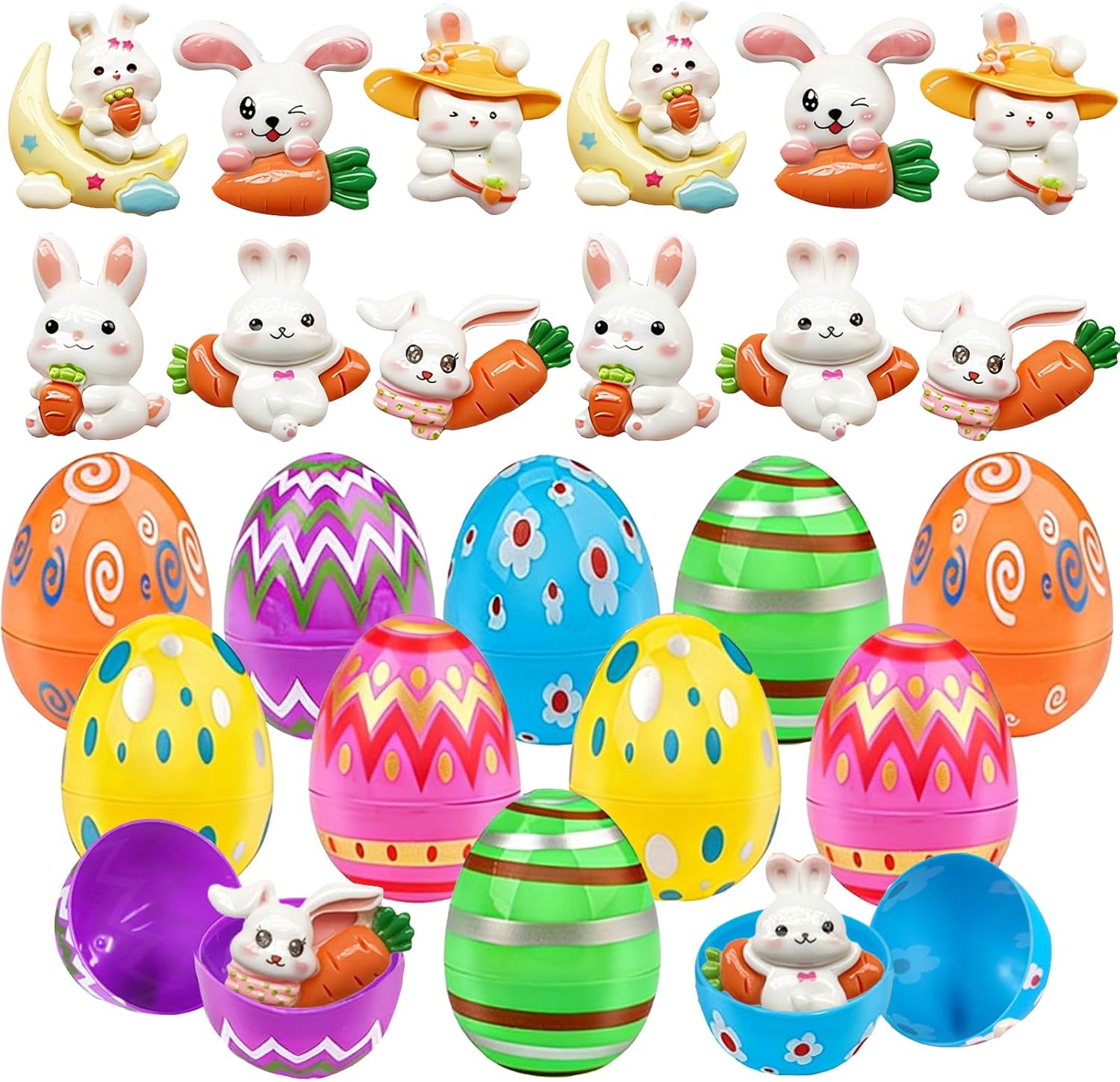 Generisch CWENDANER Rabbit for Children, 12 Cool Rabbits & 12 Colourful Easter Eggs, Party Favours and Pinata Filling for Children's Birthday, Easter Gifts