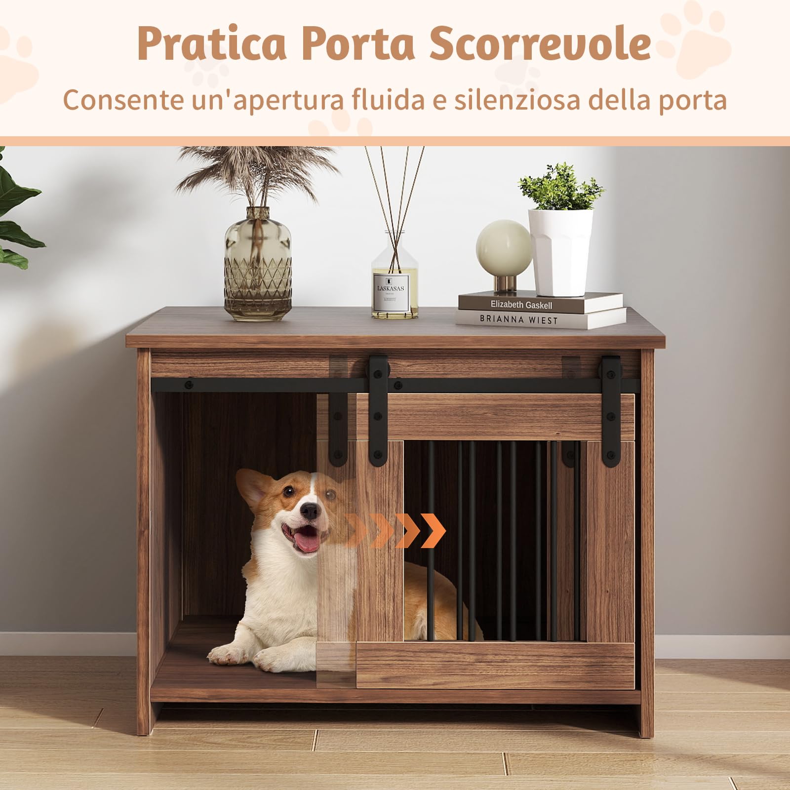 COSTWAY Cuccia per Cani da Esterno ed Interno, Gabbia in Legno con Ampio Piano Superiore, Porta Scorrevole, Tubi in Metallo Resistenti alla Masticazione, Casetta per Cani Piccoli e Medie (Marrone)