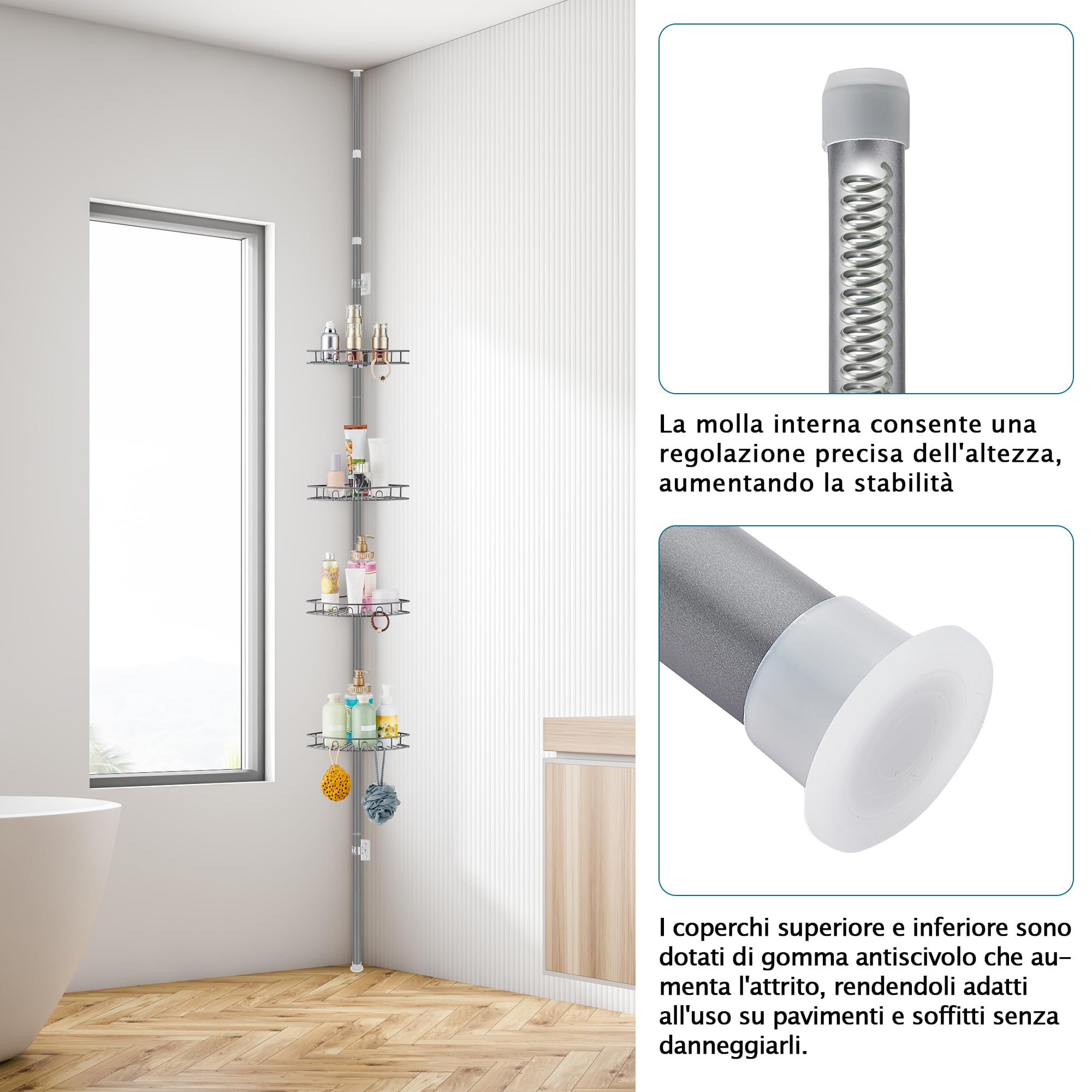 Mensola Doccia Telescopic Porta Sapone Bagno Angolare Senza Foratura con 4 Ripiani, Acciaio Inossidabile Regolabile 85-325cm, per Vasca da Bagno, Bagno, Doccia e Cucina, Grigio