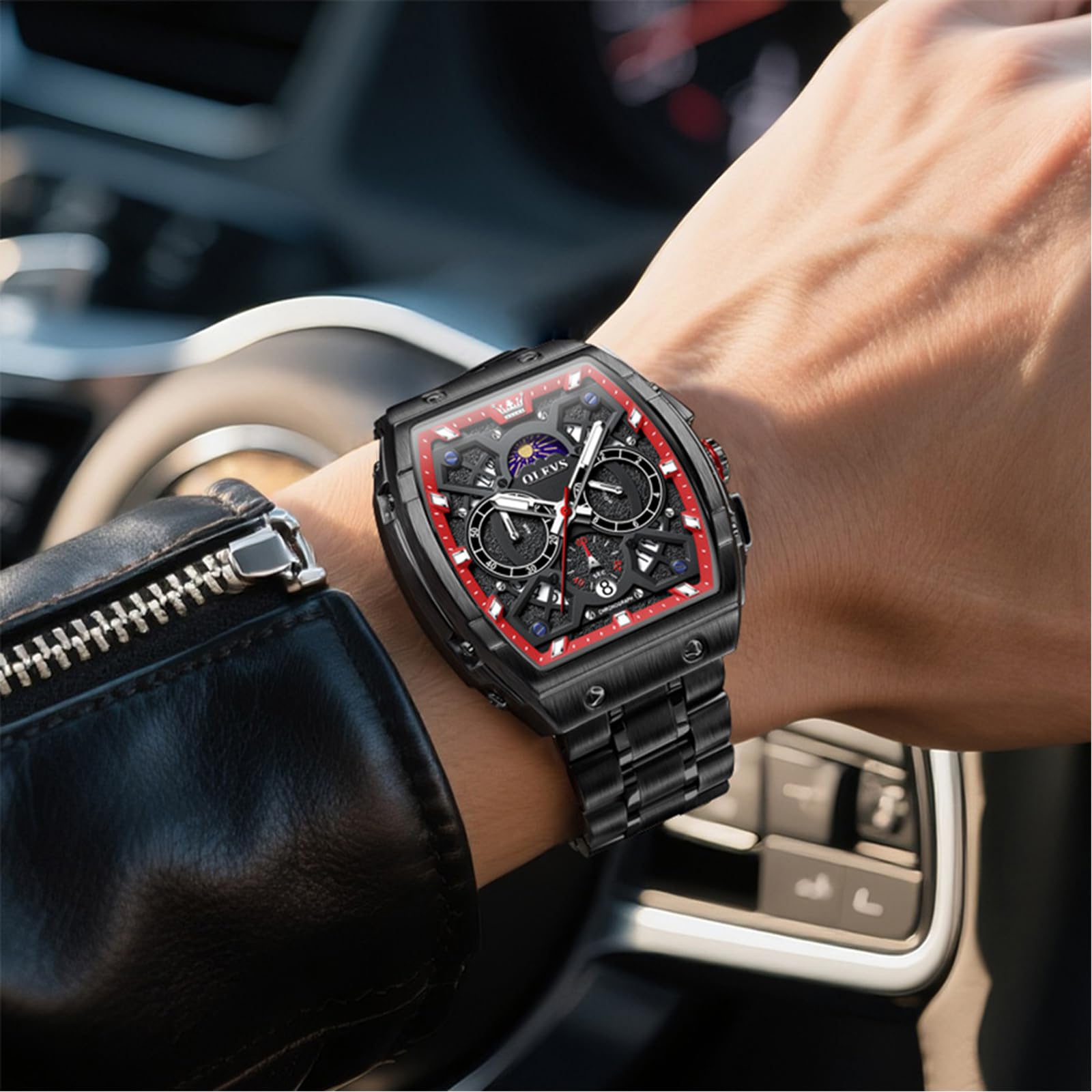 OLEVS Orologio da uomo con cronografo, grande quadrato, in acciaio inox, al | Tonneau Design, orologio da polso con grande quadrante da 44 mm, impermeabile fino a 30 m, con fase lunare, luminoso