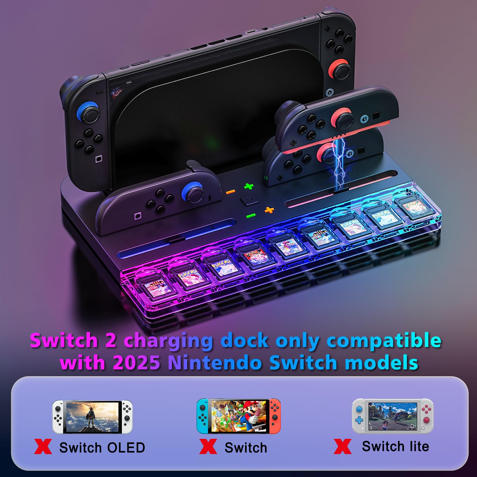 Stazione di Ricarica Joy Con Switch 2 (2025), Stazione di Ricarica per Controller Switch 2 con 7 Luci RGB, Ricarica 4 Impugnature Switch 2, Contiene 9 Schede di Gioco Switch e Accessori per Console Sw