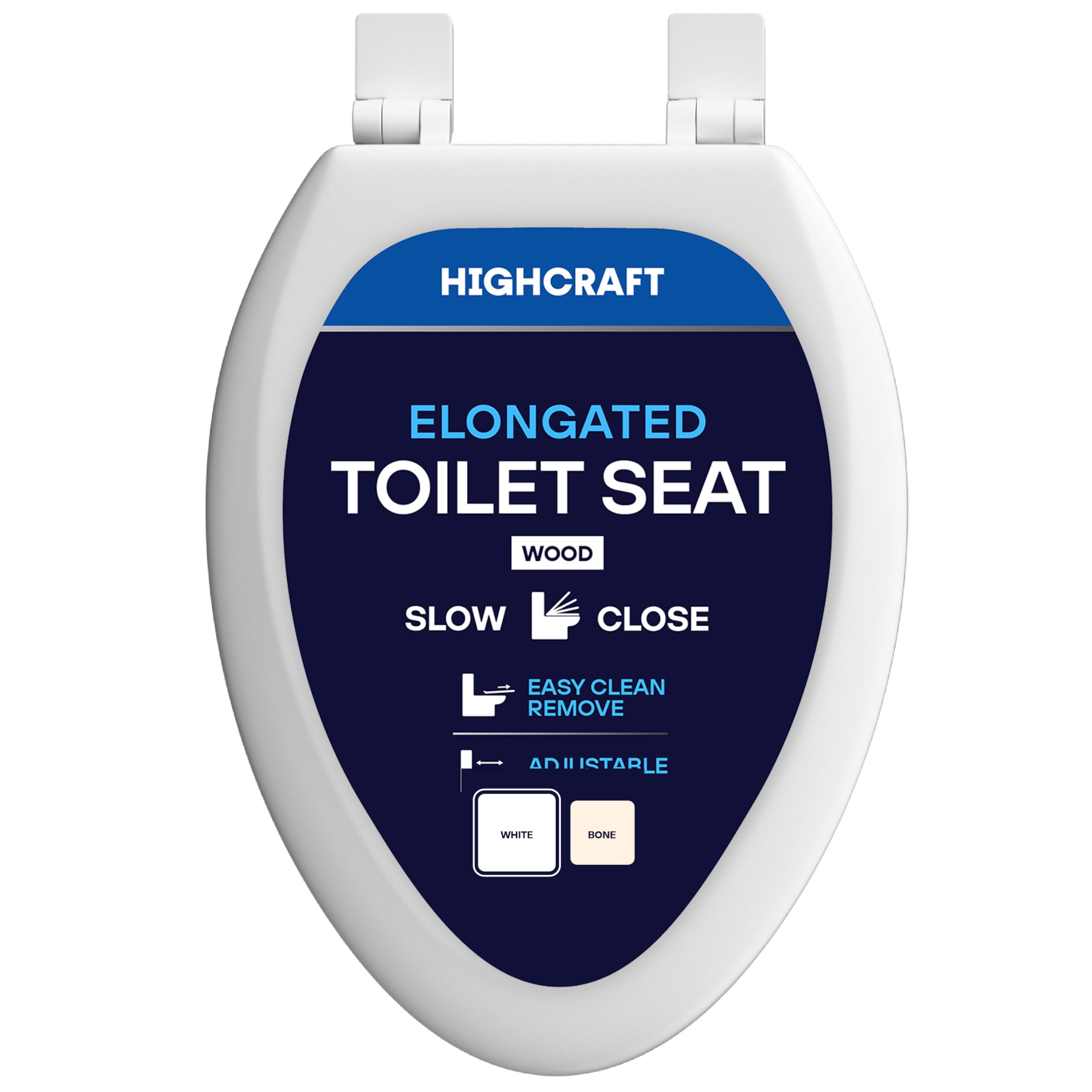 Highcraft W4TSWE Asiento de inodoro alargado de madera moldeada de cierre lento, fácil de quitar, bisagra ajustable, color blanco