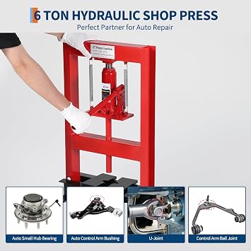 6 Ton Hydraulic Shop Press, H-Frame, 4-Hold Adjustable Height, with Movable Plates and Dust Cover, for Garage or Professional Users, Red