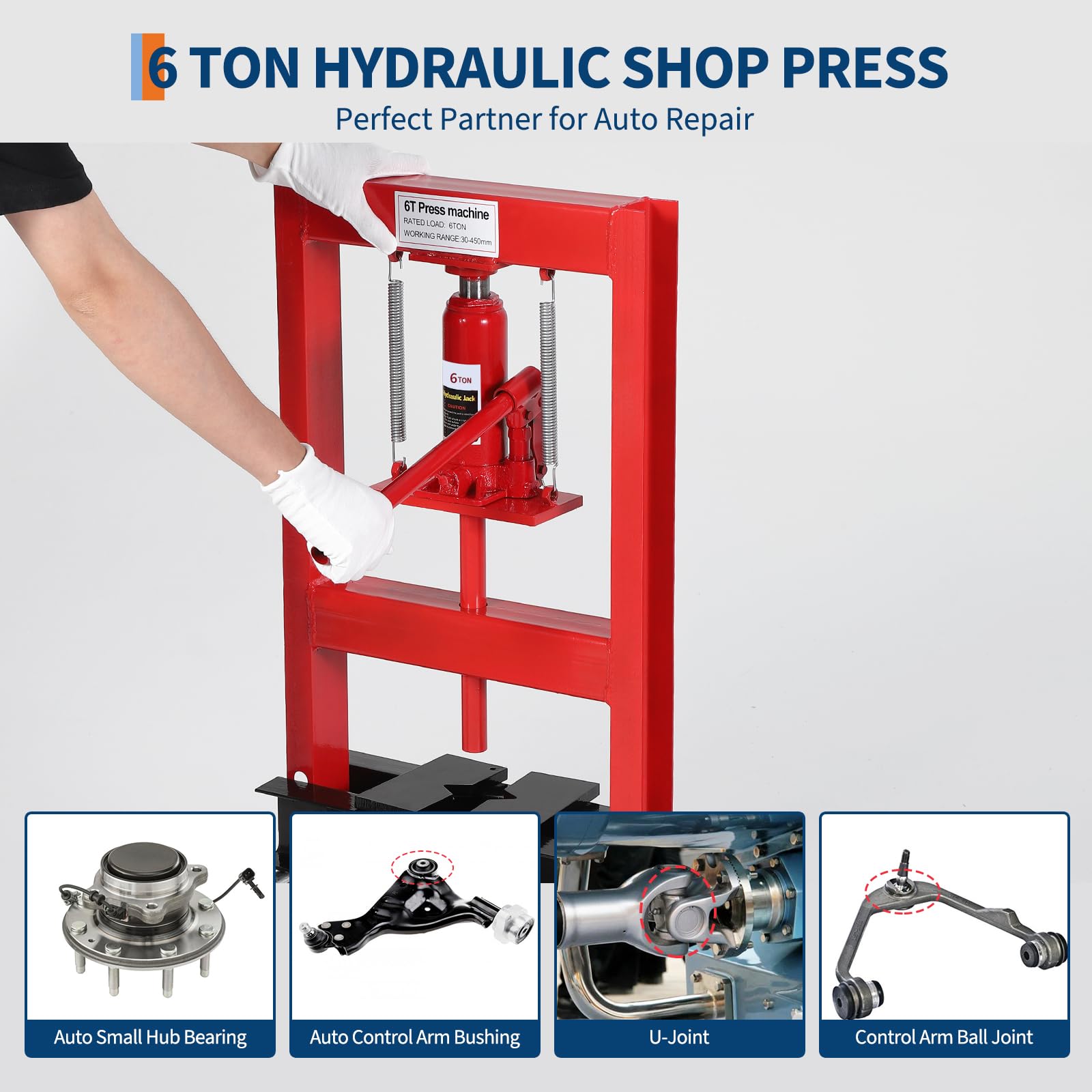 H-Frame Hydraulikpresse, 6 Tonnen, für Werkstatt und Garage, höhenverstellbar, bewegliche Platten aus hochwertigem Stahl, inkl. Staubschutzabdeckung, Rot +