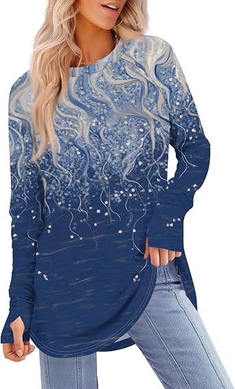 Kenvina Womens Tunic Tops to Wear with Leggings Long Sleeve Thumb Hole Shirts Crew Neck Curved Hem Basic Printed Tees Clothes