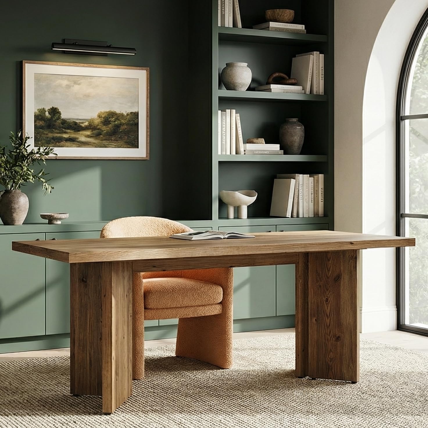 LITTLE TREE 63" Long Large Wood Desks, Solid Wood Office Desk, Farmhouse Executive Computer Desk, Home Office Workstaticon, Work Writing Table, Rustic Brown