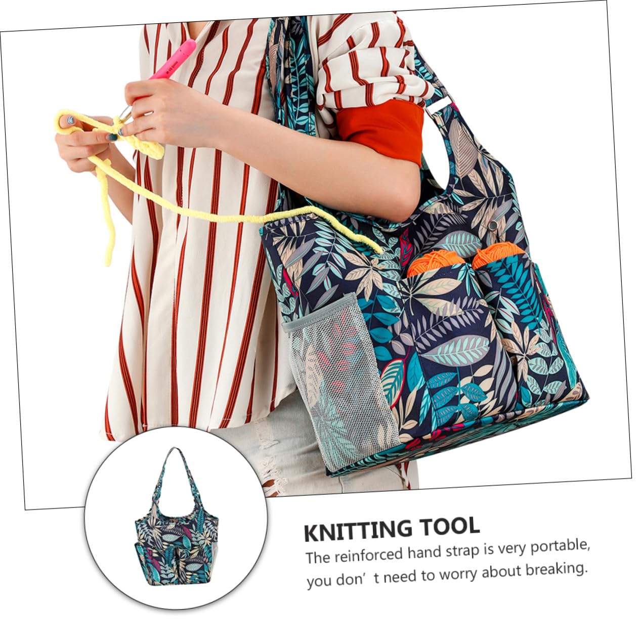 Bolsa de Almacenamiento para Tejer Oxford con Patrón de Azul Organizador Portátil para Ganchillos y Agujas Múltiples Compartimentos para Accesorios de Crochet y Punto
