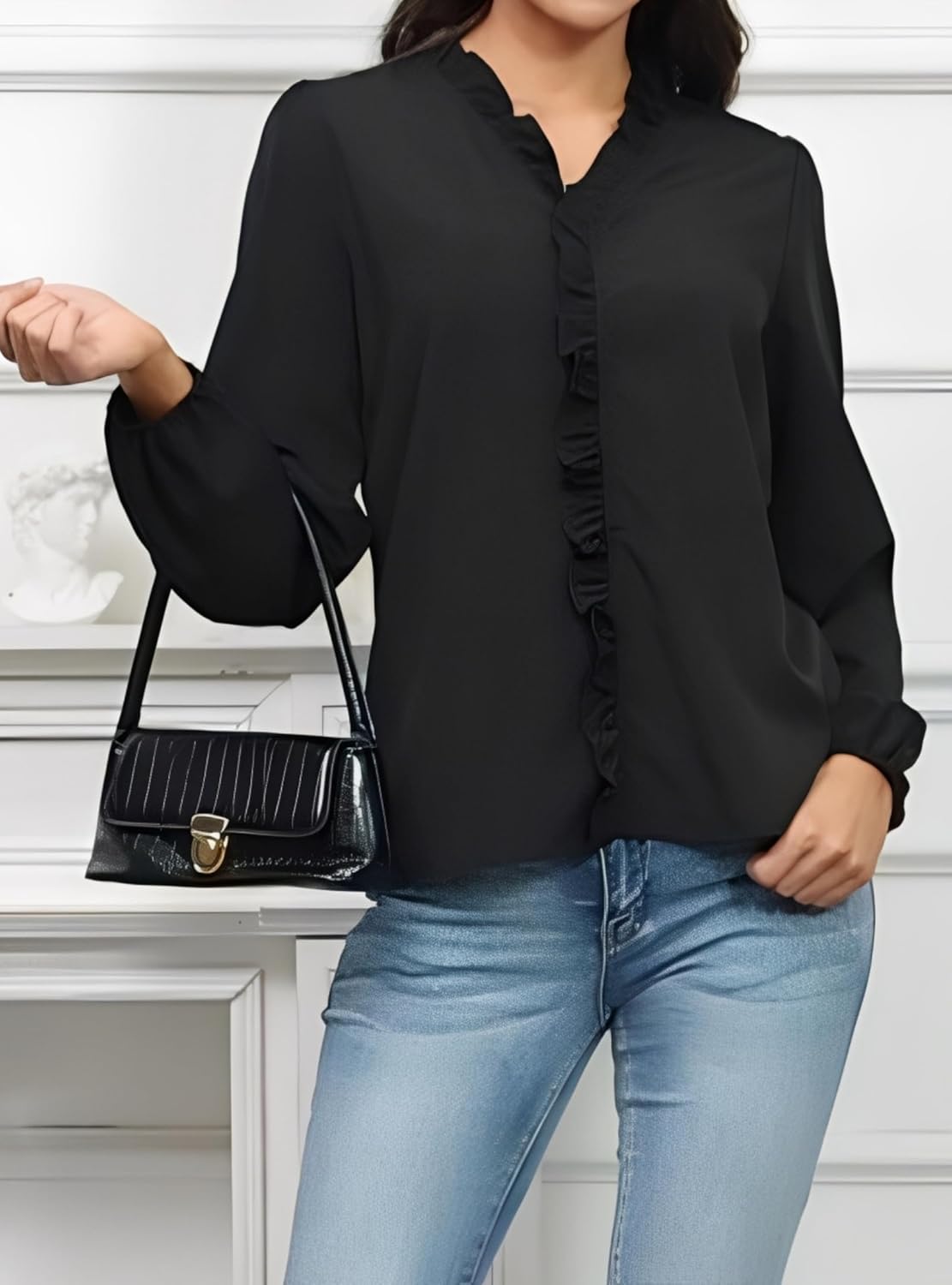 Women Blouses Ruffled V Neck Long Sleeve Shirt Solid Dressy Tops - Image 5