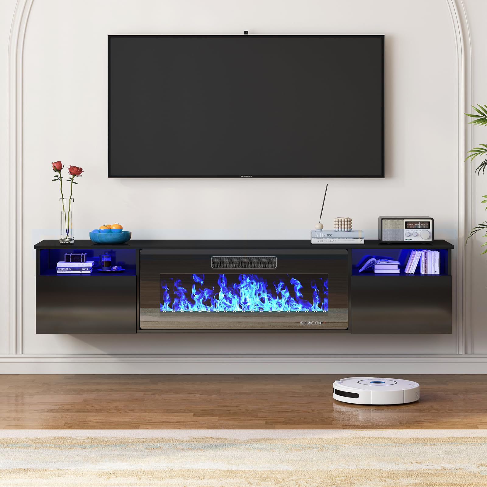 TABU 70" Floating TV Stand with 36" Electric Fireplace Heater, High-Glossy Entertainment Center& Media Console with LED Ambient Light, for TVs Up to 80",Wall-Mounted, Black