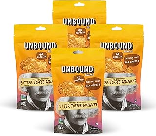 Unbound Snacks Flavored Nuts - Butter Toffee Walnuts, 4 oz (Pack of 4) - Healthy Snacks, 4g Protein, 3g Sugar, High in Omega 3, Gluten Free, Vegan - Freshly Roasted & Seasoned Gourmet Walnut Halves
