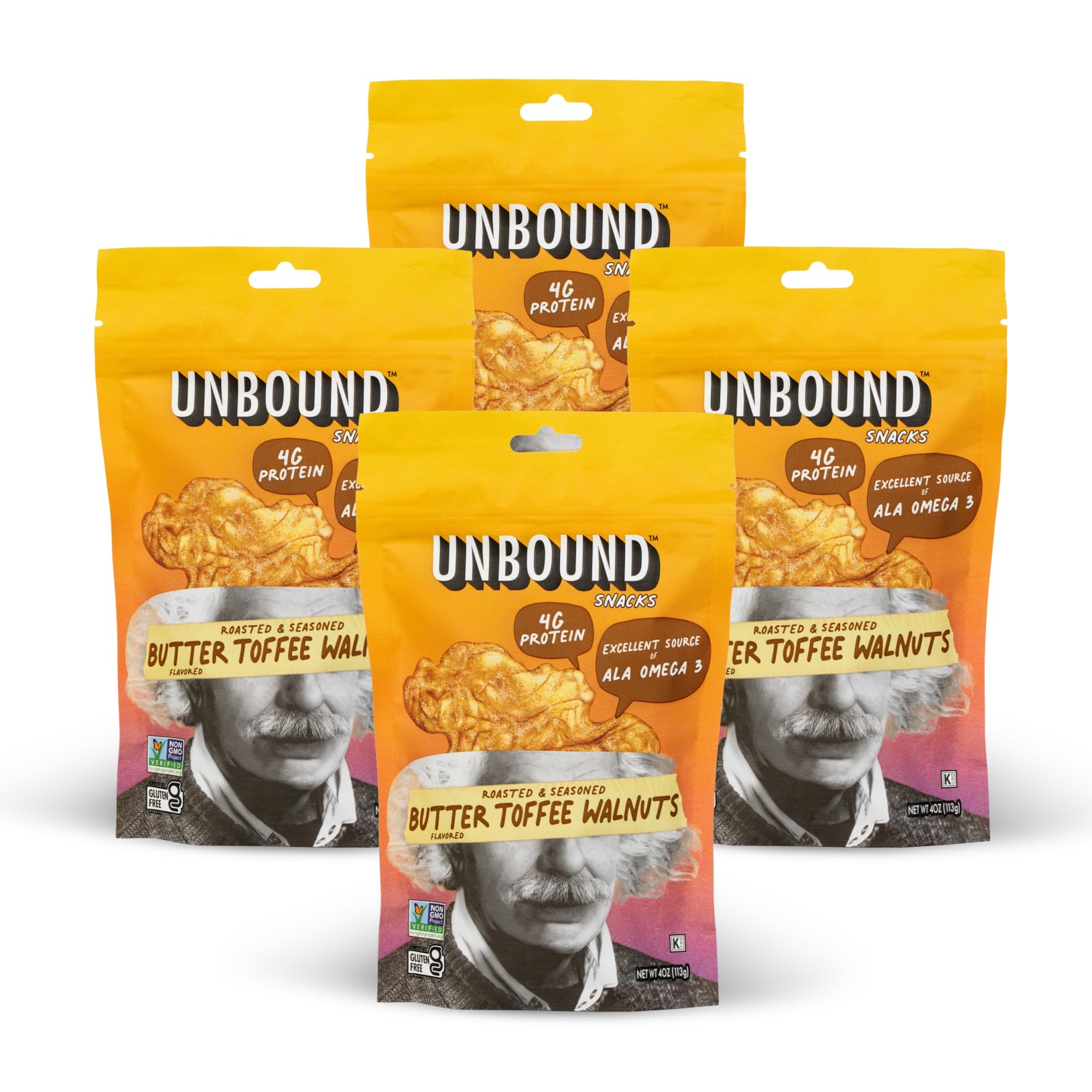 Unbound Snacks Flavored Nuts - Butter Toffee Walnuts, 4 oz (Pack of 4) - Healthy Snacks, 4g Protein, 3g Sugar, High in Omega 3, Gluten Free, Vegan - Freshly Roasted & Seasoned Gourmet Walnut Halves