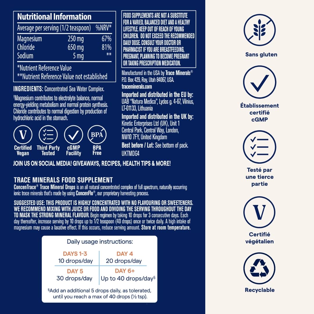 Trace Minerals - Gotas ConcenTrace | Minerales Completos: Magnesio, Cloruro, Potasio Iónicos | Bajo Sodio | Energía, Electrolitos, Hidratación | 118 ml, 48 Días (1 Unidad)