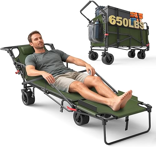 LEVELEVE Carro plegable resistente, carrito plegable 2 en 1, capacidad de 650 libras, ruedas todo terreno con frenos y bolsillos laterales (verde