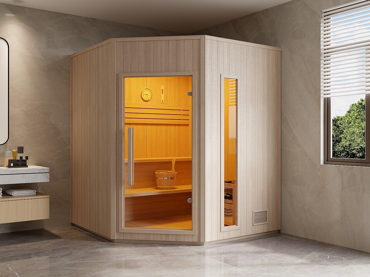 Vente-unique - Finnische Ecksauna mit Herd, 8 kW – 5/6 Sitzer – L 180 x T 180 x H 210 cm – Kotka