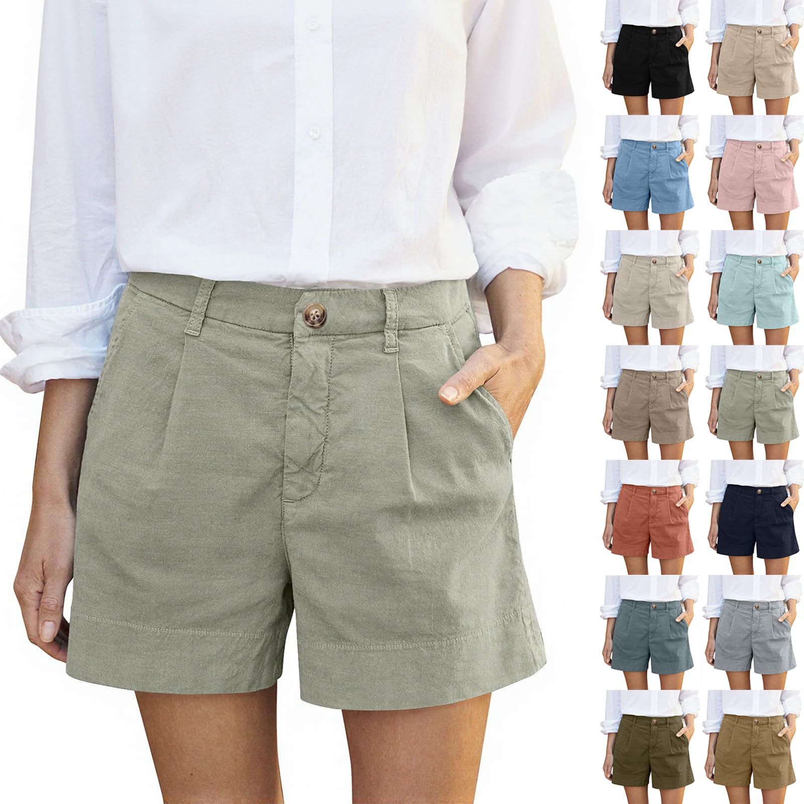 Linen Shorts for Women Summer Casual Dressy Shorts Trendy Button Down Wide Leg Chino Short with Pockets High Waisted Plus Size Beach Bermuda Short Business Work Khaki Pants