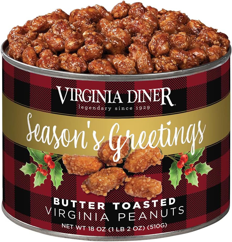 Virginia Diner Holiday Plaid Butter Toasted Virginia Peanuts, 18oz resealable can, Extra Large Gourmet Butter Toffee Peanuts…