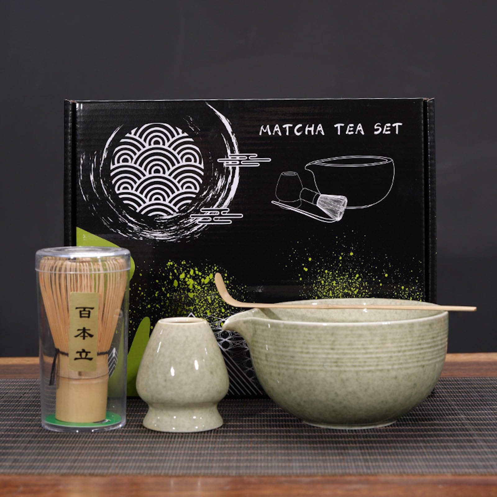 JIKANNOYA Matcha Set 4-Piece Chasen 100 Prong Tea Bowl Chashaku Bamboo