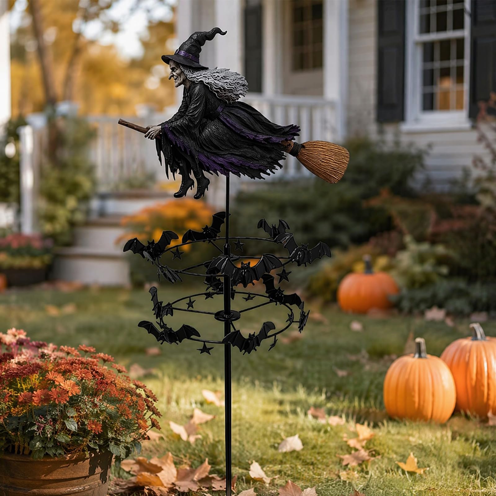 Witch Metal Wind Spinner, Halloween Garden Yard Decor with Garden Stake