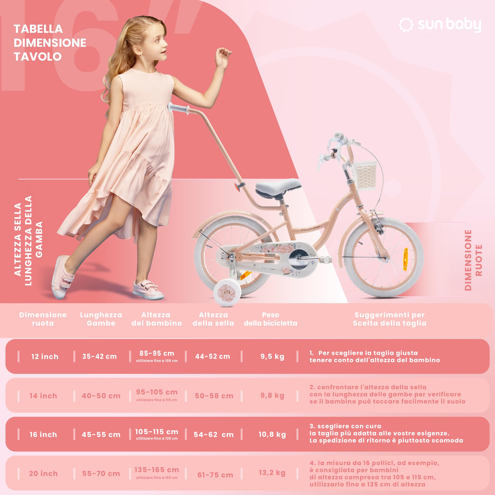 sun baby Flower Bike Bici bambina 12/14/16 pollici, bicicletta per bambini con rotelle, barra di spinta, cestino, campanello, freno contropedale e V-Brake