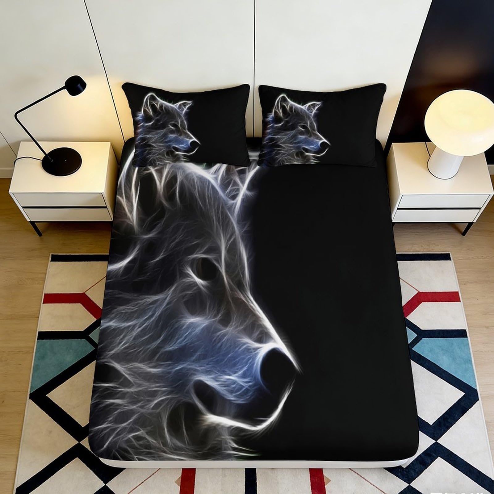 3D Printed Glowing Wolf Fitted Sheet Microfiber Black Animal Art Mattress Cover for Bedroom Dorm Decor 120x200cm 120x200x25cm