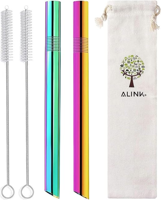 [Pointed Design] 2-Pack Boba Straws Stainless Steel Straws, 1/2" Wide Colored Reusable Metal Smoothie Straws for Bubble Tea/Tapioca Pearl, 2 Straws + 2 Cleaning Brush + 1 Case