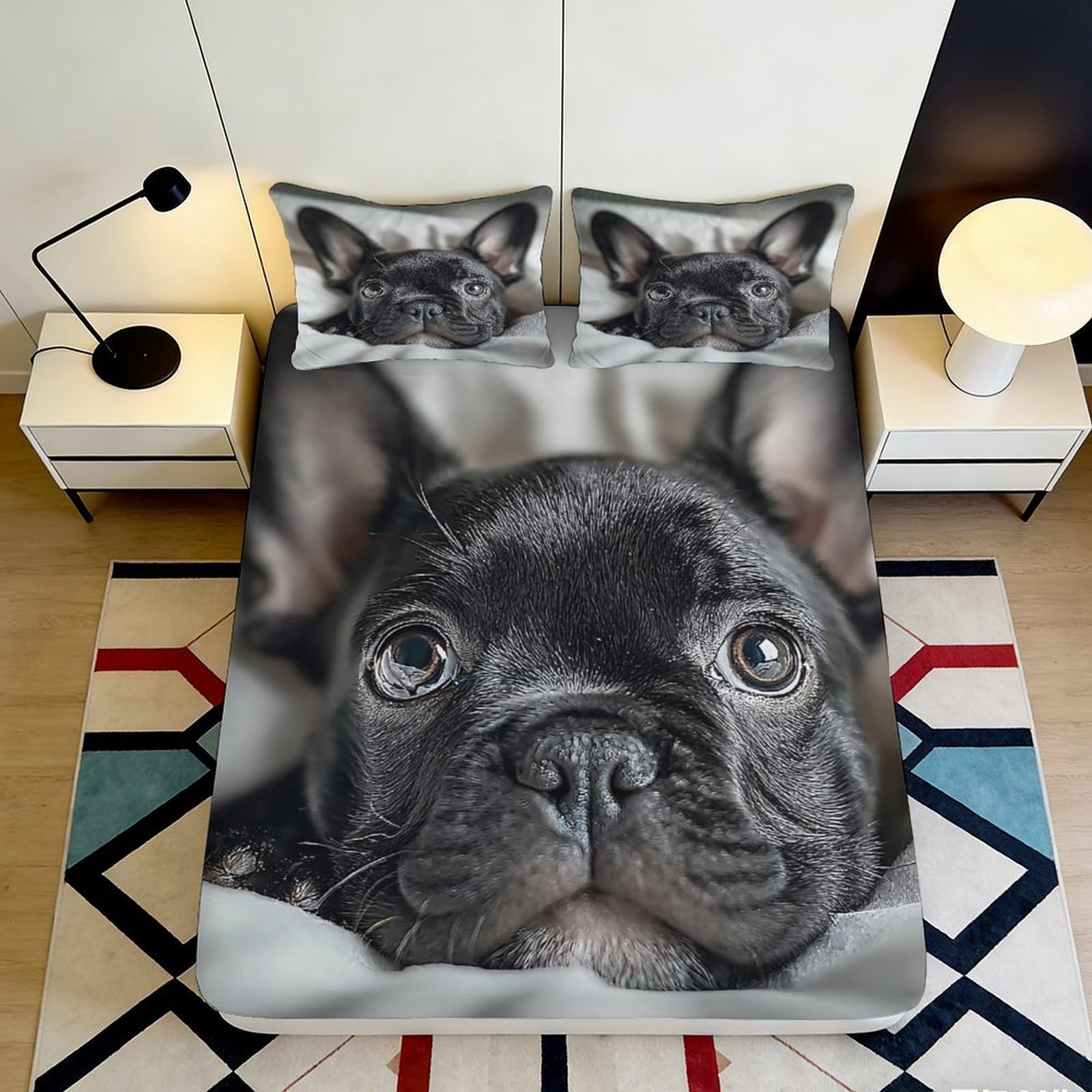 3D Printed French Bulldog Fitted Sheet Microfiber Soft Anti-Slip Cute Puppy Bed Cover for Bedroom, Dorm, Guest Room, Easy Care 160x200x25cm